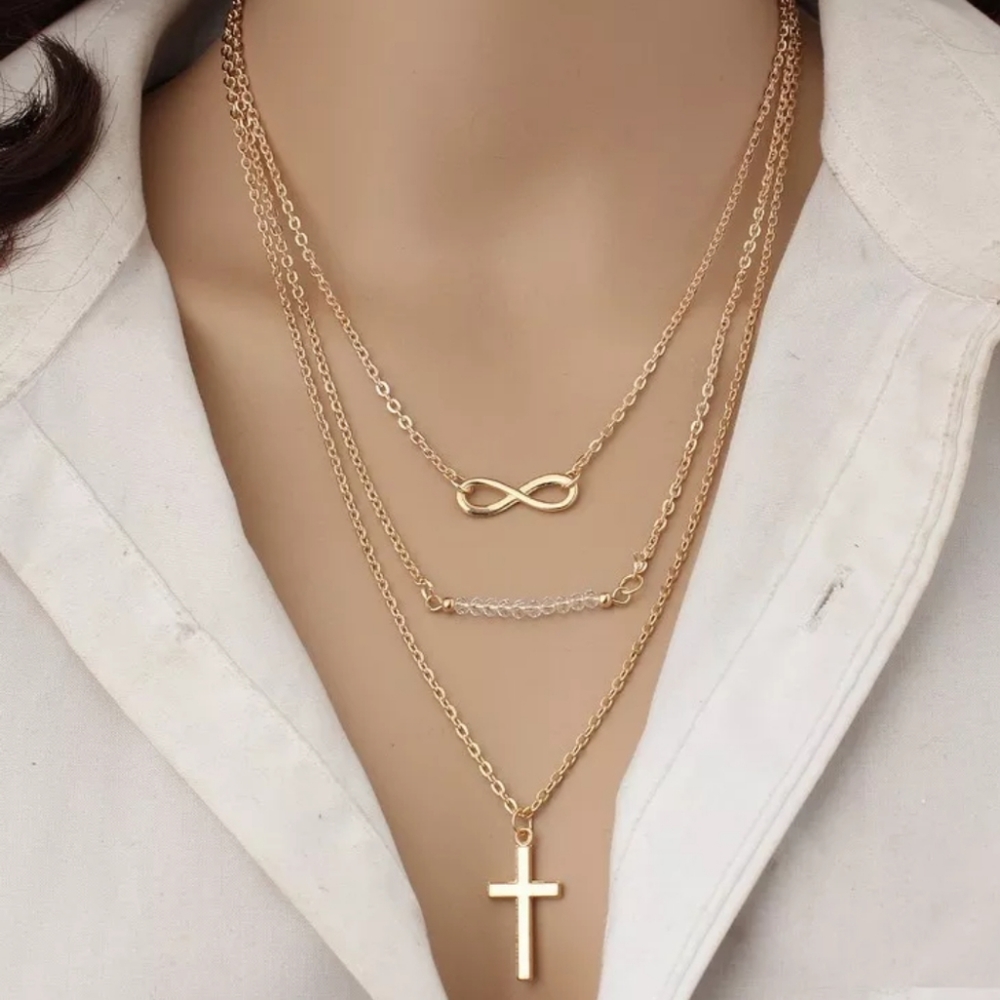 Gold Tone Layered Cross Infinity Necklace - Picture 6 of 6